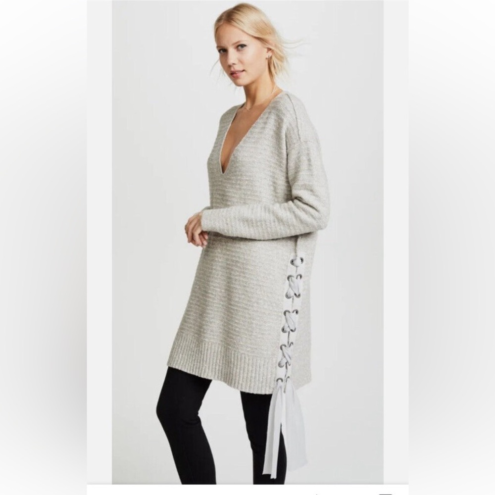 Free People Small Heart It Gray Lace Up Oversized Sweater Dress V Neck